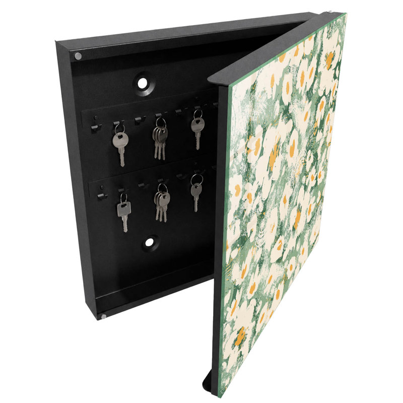 Key cabinet for home, Opens to the right, 30x30x5, Black, Flowers on a green background in boho style, 