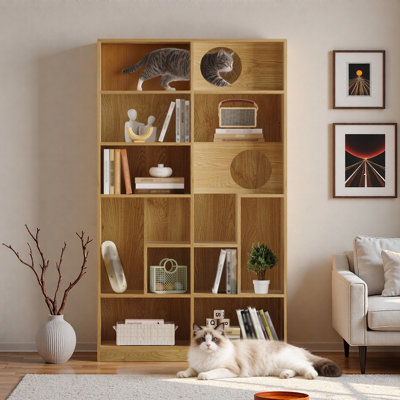 Modern 2 In 1 Wood Bookshelf Cat House With Open Shelves, Cat Houses And Pass-Through Cat Holes