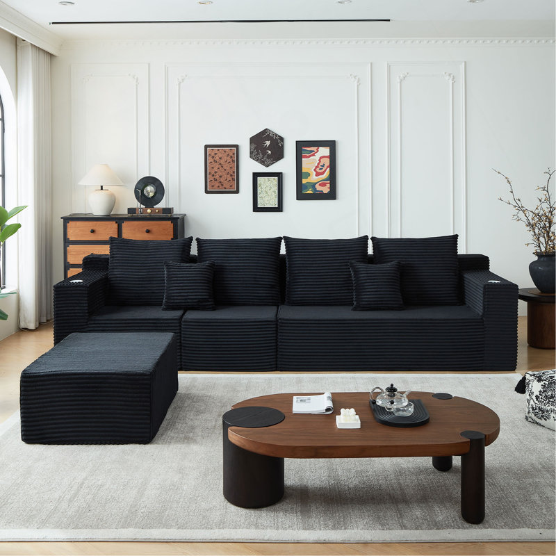 Canapé modulaire désossé en velours côtelé avec porte-gobelets, sans assemblage requis, Velours côtelé noir