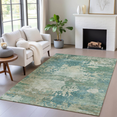 Machine Washable Indoor/Outdoor Xhevrie Teal Rug