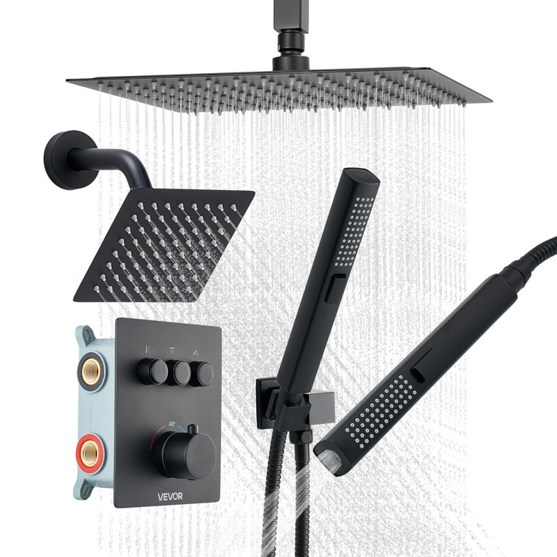 Shower Faucet Set, 12 Inch Thermostatic Ceiling Mount Rainfall Shower System With 6 Inch Wall Mount Head And 2 In 1 Handheld Spray, 3-Function Dual Rain Head Brass Valve And Trim Kit, Matte Black