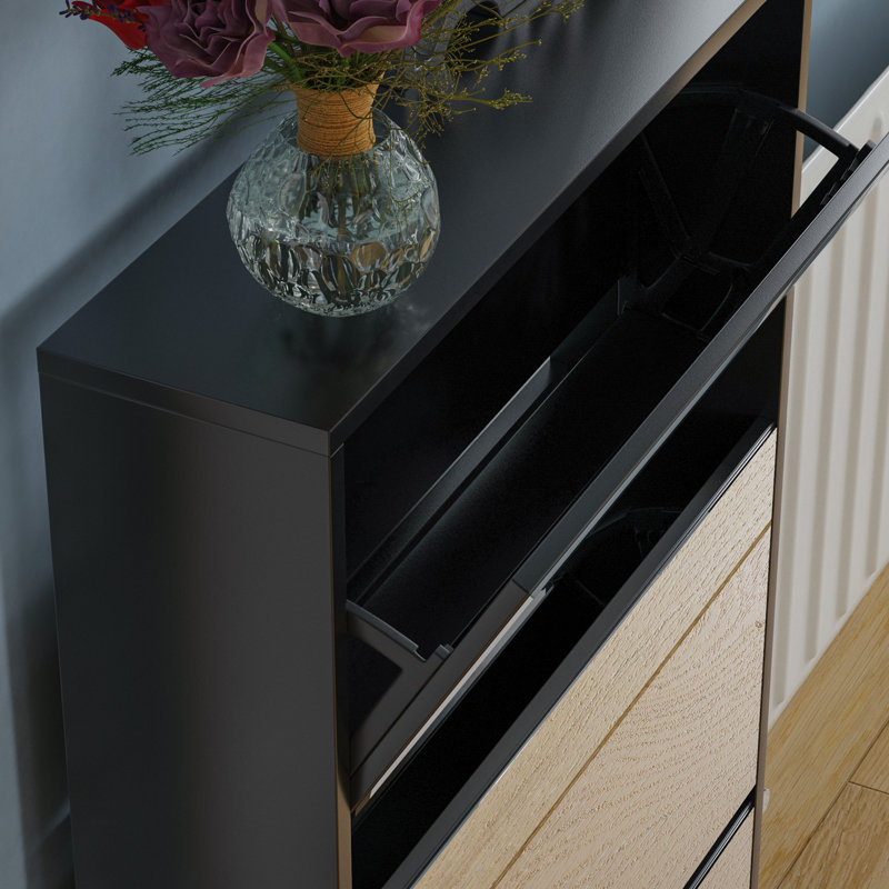 3 Drawer Mirrored Flip Down Shoe Storage Cabinet Free Standing Cabinet For Hallway, Black
