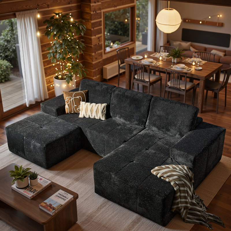 114.5''  L-Shaped Cloud Sectional Sofa with Chaise & Ottoman, Right Hand Facing, Gray