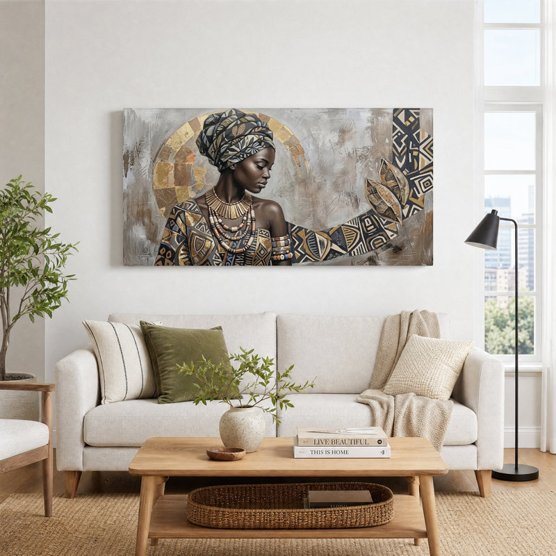 Femme avec motifs géométriques et feuille d'or Halo, art mural sur toile, L 58 po x H 28 po