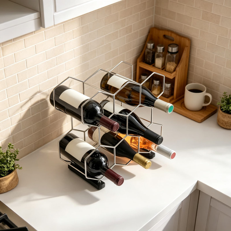 Support à vin de comptoir, support pour huit bouteilles en acier inoxydable et chêne gris anthracite à trois niveaux pour armoire et garde-manger