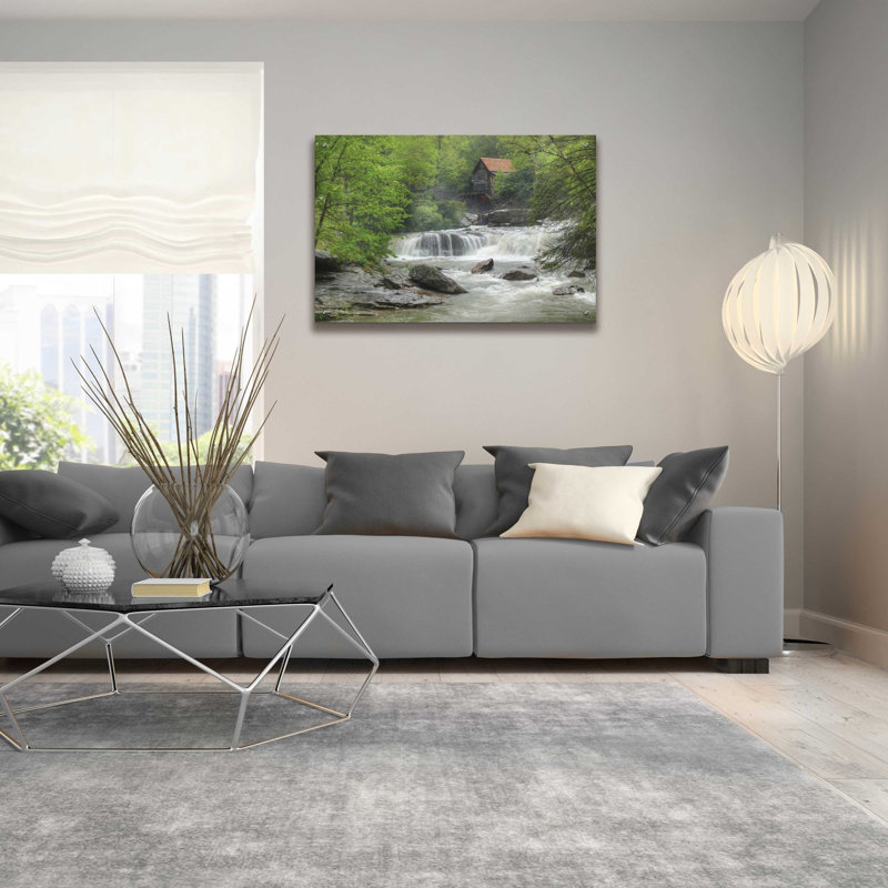 «Glade Creek Grist Mill» par Lori Deiter, art mural en verre acrylique, H 24 po x l 36 po x P 0,2 po