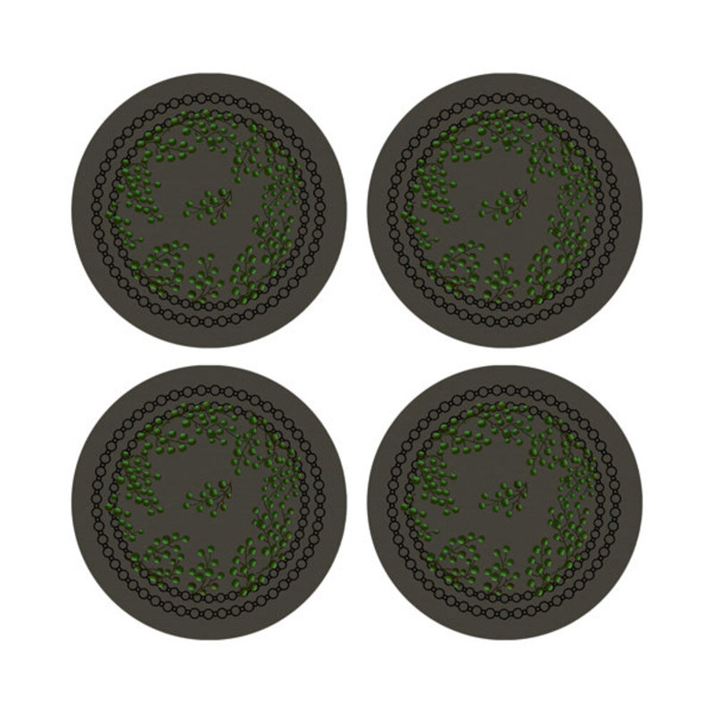 Christmas Berries Vegan Leather Round Pebble Placemat, Anthracite Green