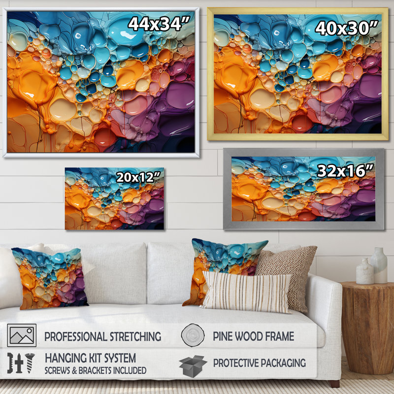 «Symphony Orange and Blue Drip», reproduction d'art sur toile Collages abstraits, Toile tendue, 30" H x 40" W