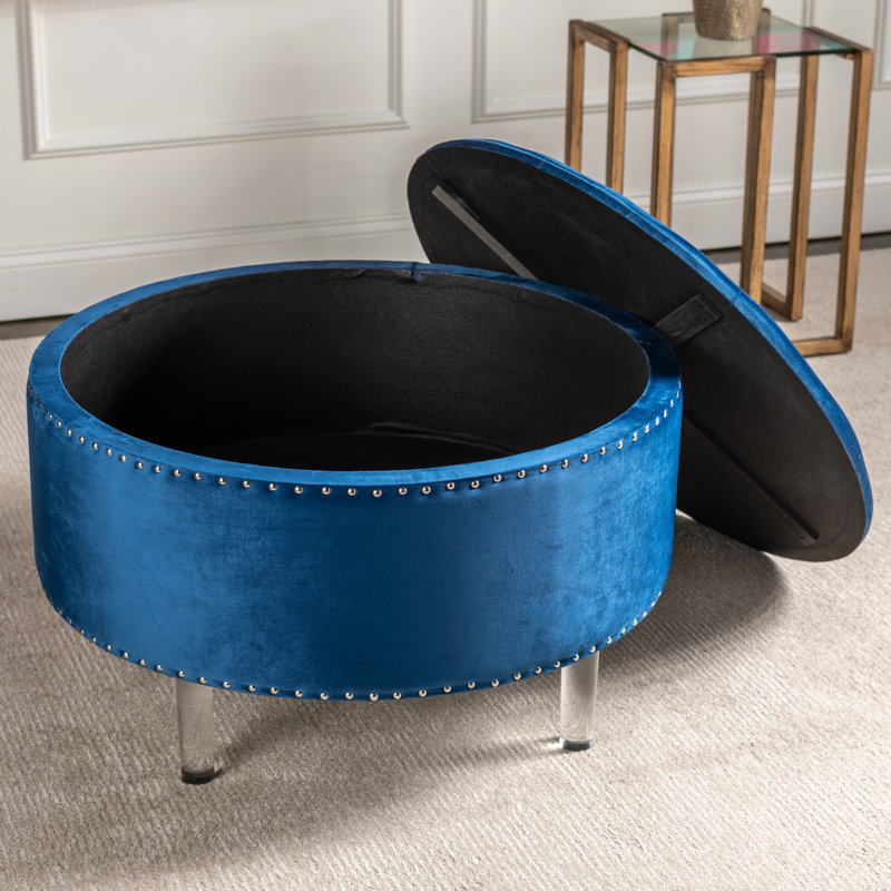 Repose-pieds rond avec rangement en velours Aula, Velours bleu