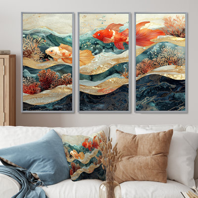 «Coastal Fish Friends Above A Coral I» - Art mural corail - ensemble de 3