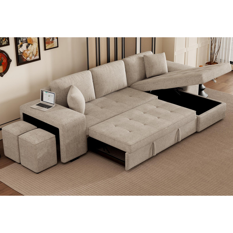 Reversible L-Shape 3 Seat Sectional Couch Pull Out Sleeper Sofa