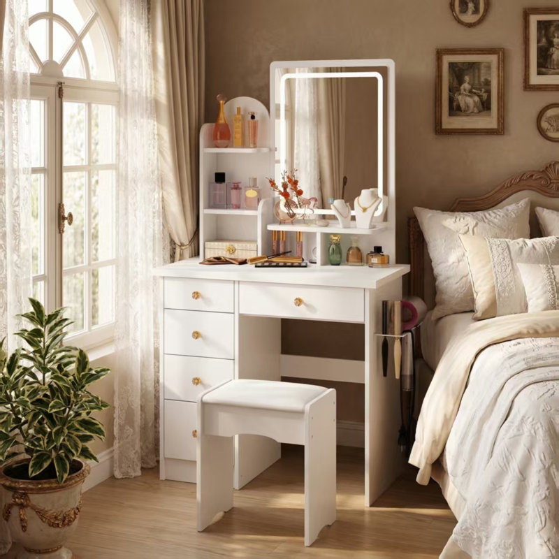 Ensemble de meuble-lavabo à maquillage H 55,1 po avec douille, lumière DEL, tabouret Framingham