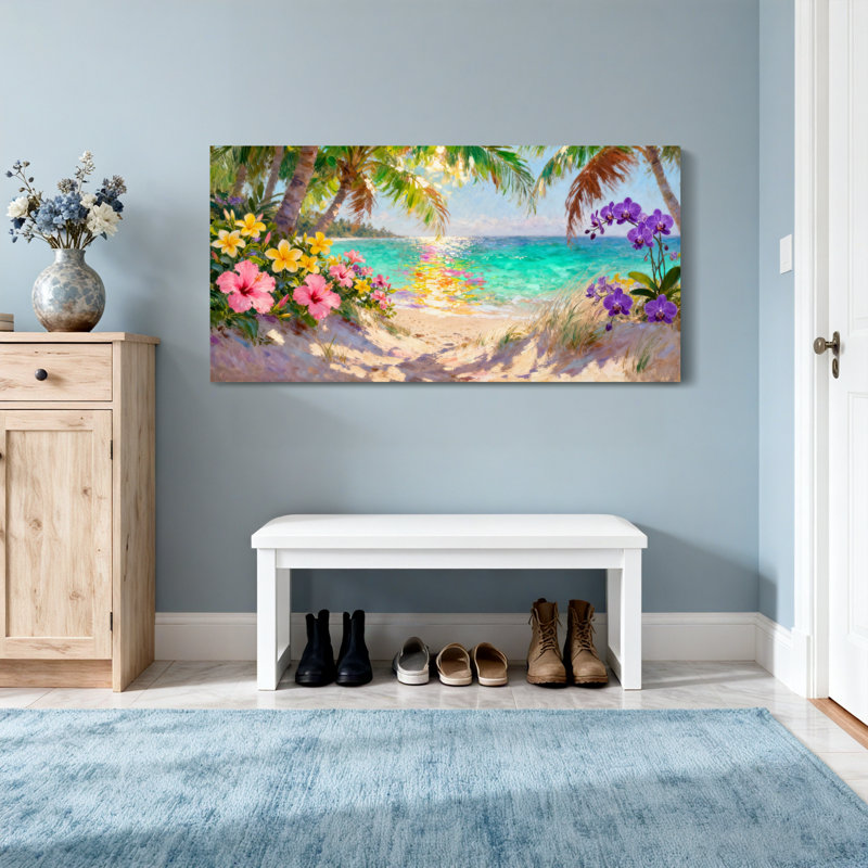 Nautique et plage Plage tropicale avec palmiers et fleurs, H 28 po x l 58 po