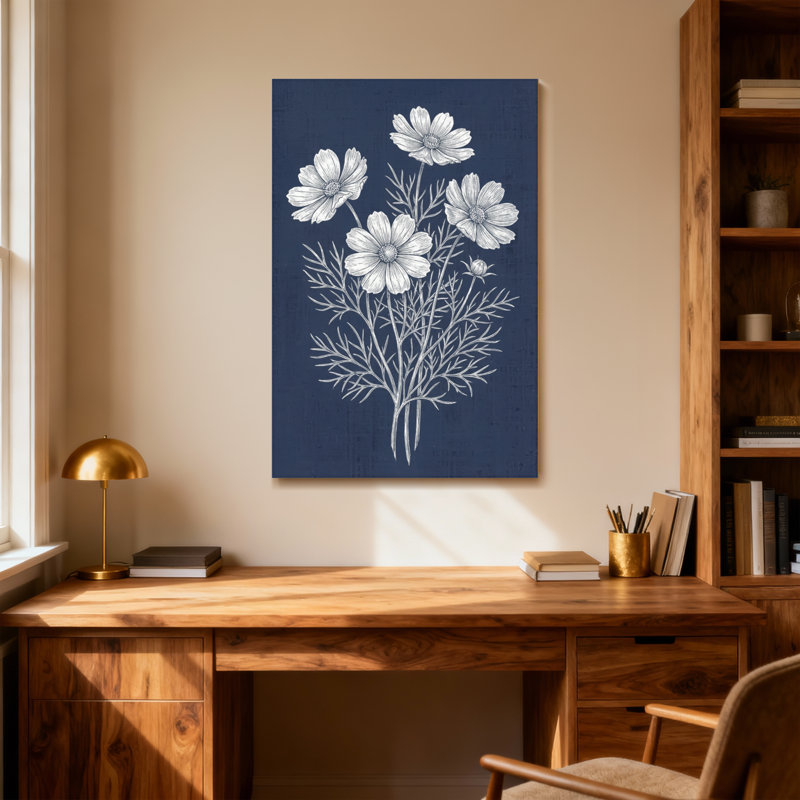 Plantes et fleurs fleurs blanches sur fond bleu marine, H 30 po x l 20 po