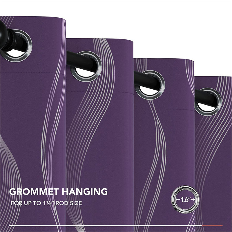 Spurgh Sliver Wave Foil Print Blackout Thermal Grommet Curtain Panels (Set of 2), 52" W x 45" L, Purple Grape