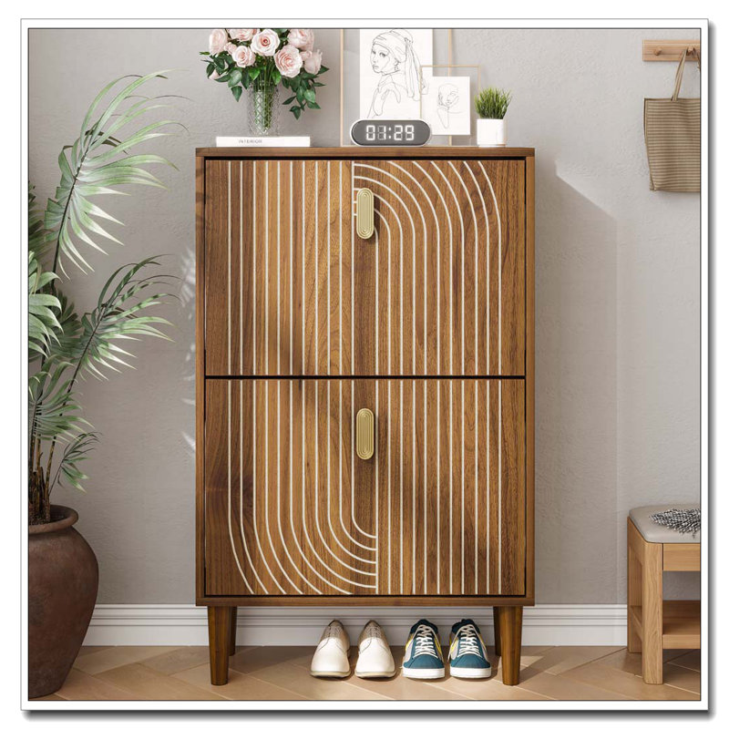 Shoe Storage Cabinet With 2 Flip Drawers,Free Standing Shoe Cabinet With Metal Handles For Entryway