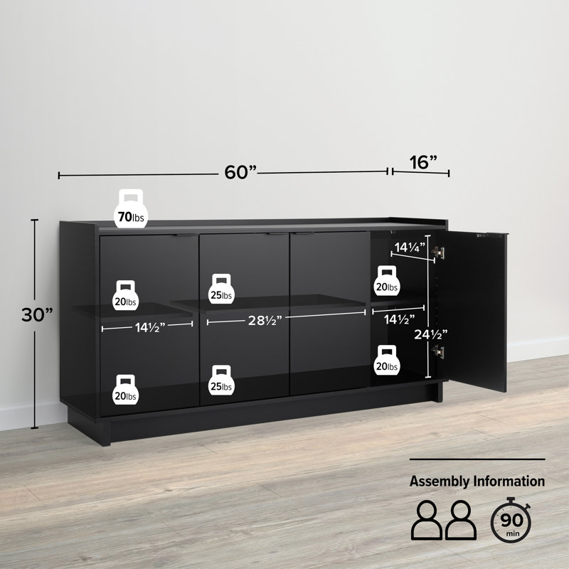 Prepac Black 4-Door Console Table with Adjustable Shelving