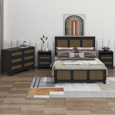 4-Pieces Bedroom Sets, Farmhouse Platform Bed With Wooden Strip Decoration, Storage Nightstand And Dresser With Metal Handle by Latitude Run