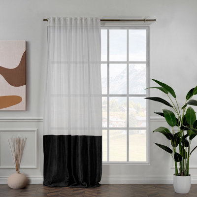 Color Block Extra Long & Extra Wide Faux Velvet Down Faux Linen Sheer Top Single Panel