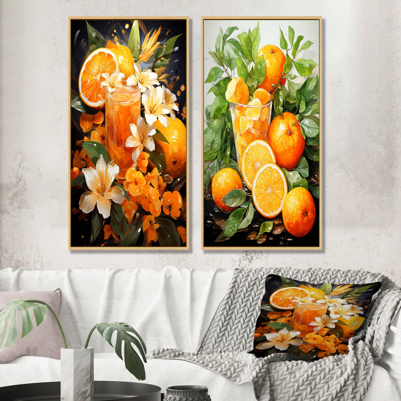 Tangerine cocktail orange vif coucher de soleil I - ensemble de 2 impressions sur toile cocktail, Encadrement brun