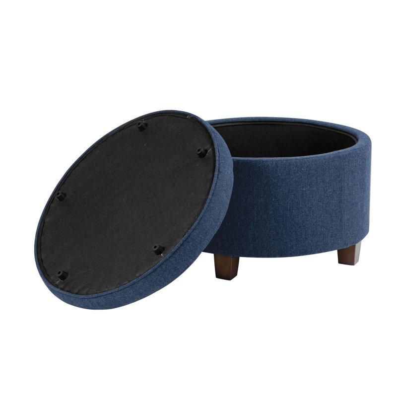 24" Wide Velvet Tufted Round Storage Ottoman with Storage, Felted Blue Woven