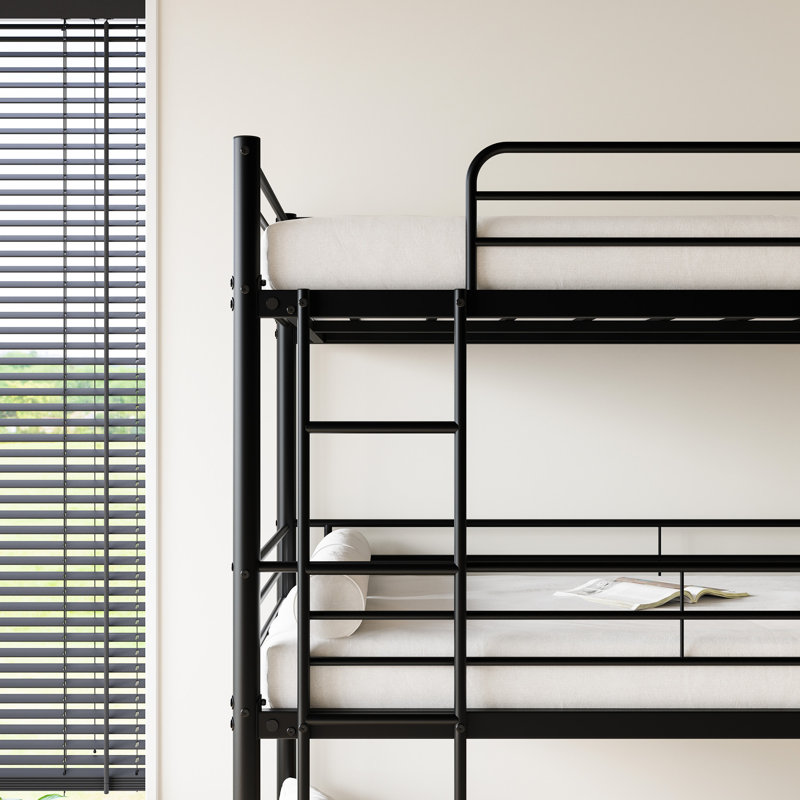 Structure de lit superposé simple noir triple, au-dessus de la conception, deux échelles pour faciliter l'ascension, barrières de sécurité pleine longueur, lit silencieux, structure en métal, accès, lits supérieurs, peu encombrant dans les petites chambres