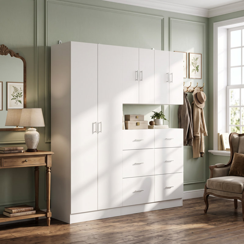 Ensemble de rangement modulaire en lin blanc de 78 po avec commode à 6 tiroirs et range-chaussures
