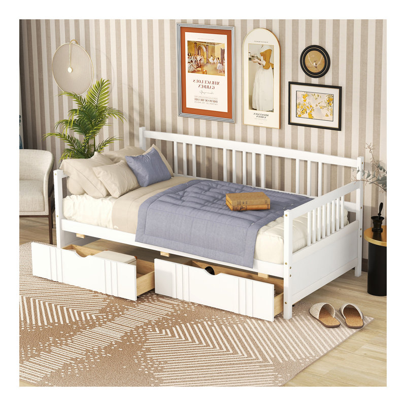 Lit de jour simple en bois avec deux tiroirs, blanc