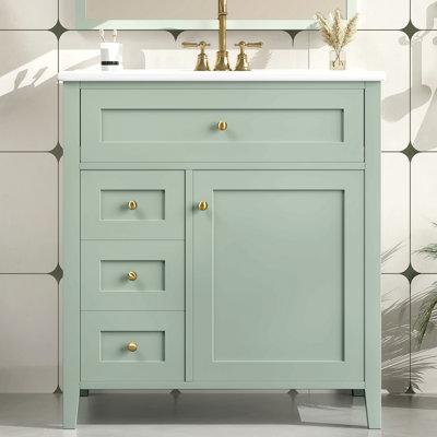 Meuble-lavabo de 30 pouces avec lavabo, armoire en bois d'hévéa moderne avec 3 tiroirs et tablette réglable, meuble-lavabo autoportant pour le rangement et l'organisation de la salle de bain