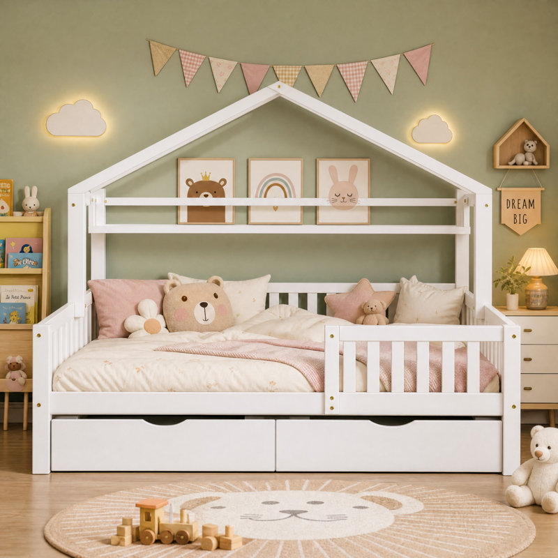 Cadre de lit double pour enfants avec tiroirs de rangement et garde-corps latéraux, Blanc, Lit double