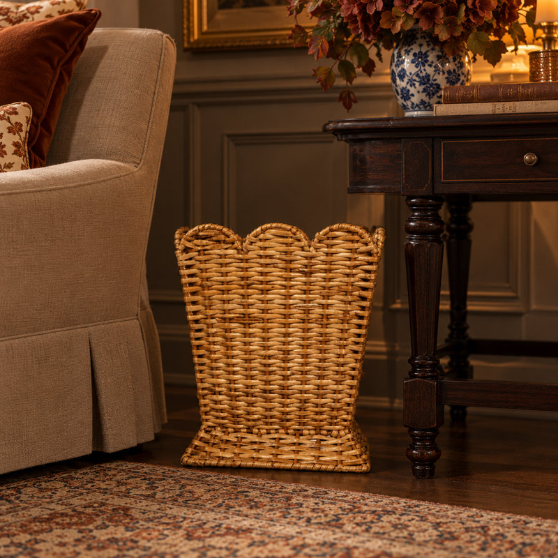 Square Scalloped Wicker Wastepaper Basket, Natural