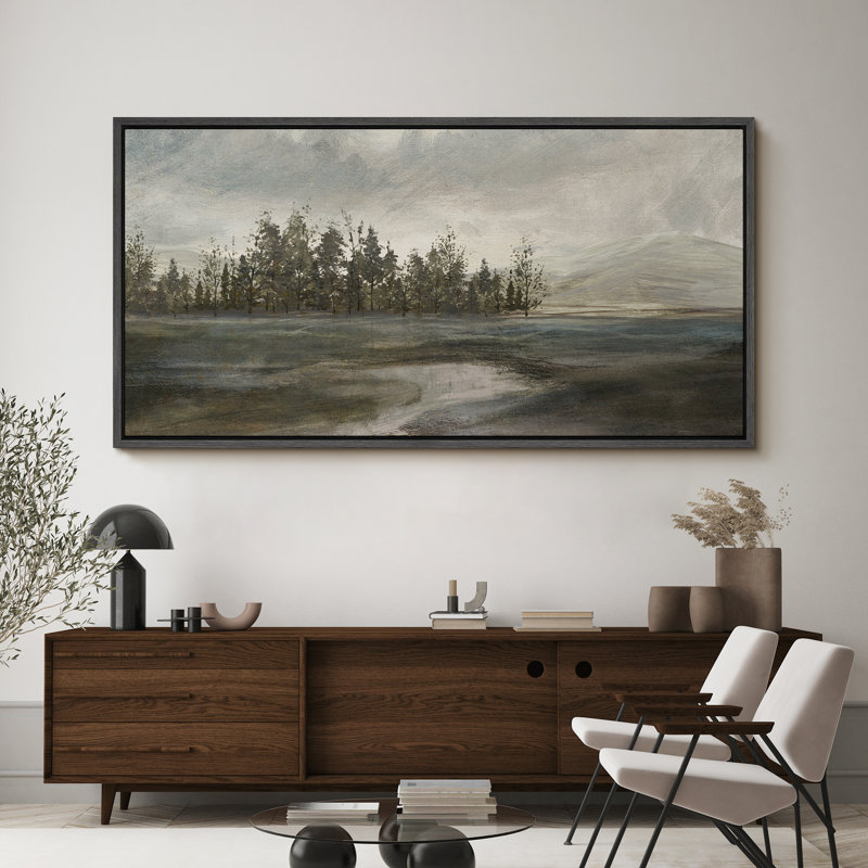 «Tranquil Dusk Minimalist Landscape», reproduction encadrée, H 30 po x l 60 po, Noir, noir, noir, noir