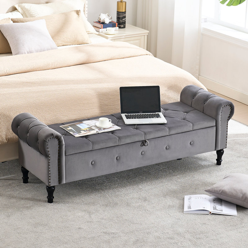 Banc de rangement en velours 66,9 po, Gris foncé