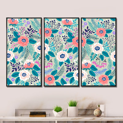 " Pink And White Flowers On Light Blue " 3 - Pieces