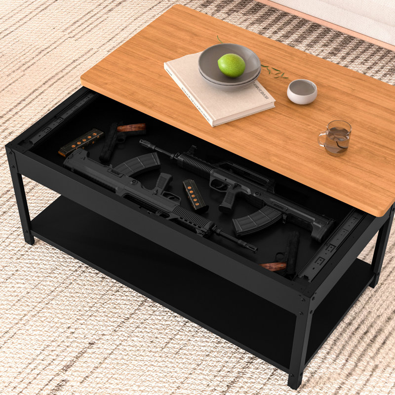 Table basse rectangulaire à double couche avec compartiment de rangement caché et verrou d'empreinte digitale