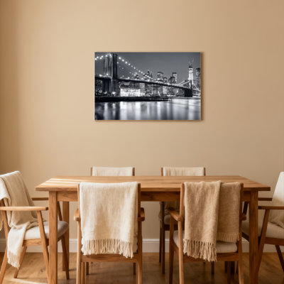 New York City Skyline Bridge Night View Black And White Canvas Wrapped Wall Art Oil Painting Print Set Of 1