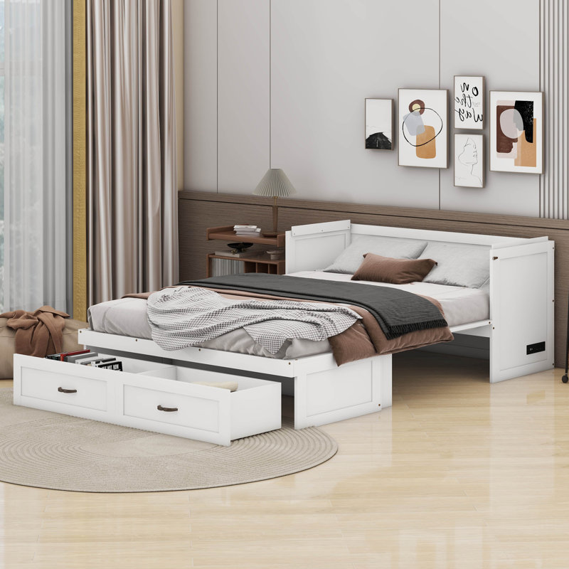 Lit escamotable avec ports USB, tiroirs et poignées en métal, Grand lit, Blanc