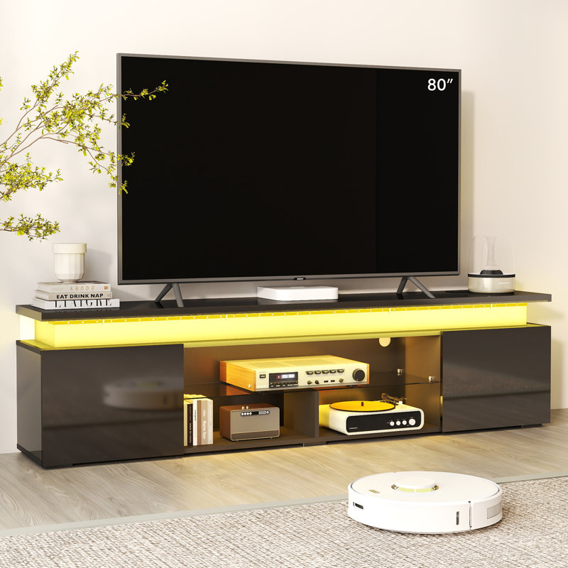 Meuble télé moderne avec lumières à DEL RVB pour téléviseurs de 75 à 80 po et console multimédia avec prise de courant pour salon