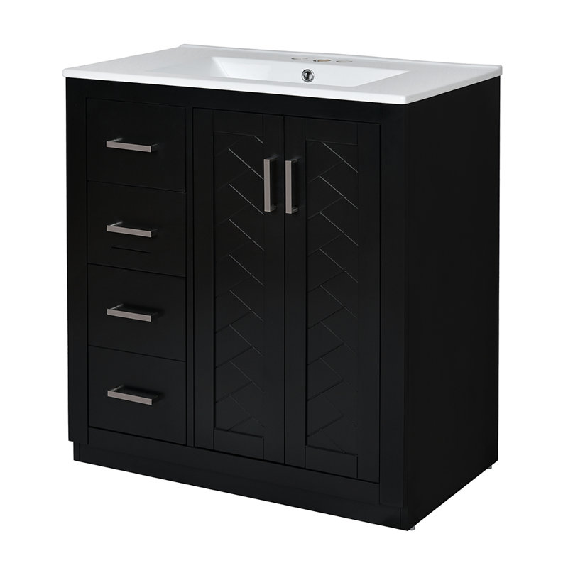Armoire de rangement pour salle de bain avec lavabo en céramique et 3 tiroirs, Argent argent, Noir, noir, noir, noir