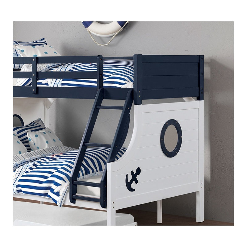 Lit superposé simple au-dessus d'un lit double avec échelle attachée, bleu et blanc