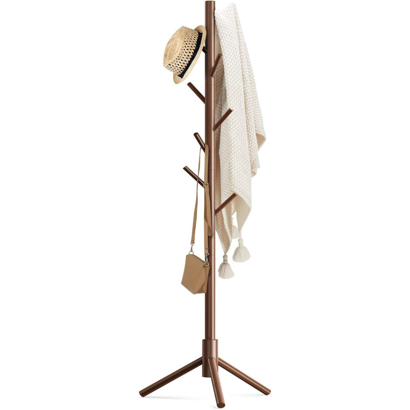 Wooden Coat Rack Stand With 8 Hooks New Zealand Pine 3 Adjustable Coat Standing Tree Easy Assembly For Coats, Hats, Scarves And Handbags For Entryway, Hallway, Bedroom, Office