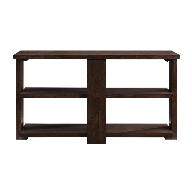 Table en noyer avec plateau polyvalent, 2 tablettes fixes, 52 po de largeur, 18 po de profondeur, 57 lb de poids, table rectangulaire au fini noyer, bois de peuplier et placage, tablette ouverte, poids, 28 po de hauteur
