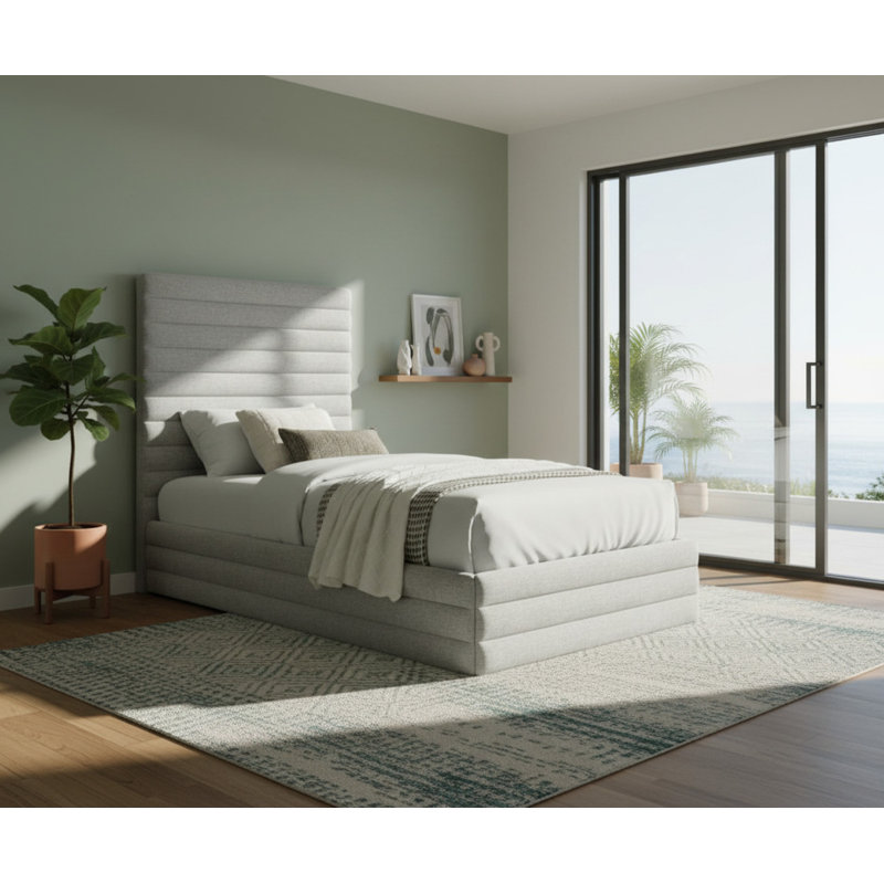 Lit plateforme tapissier Maxwell, Tissu texturé en lin gris, Simple