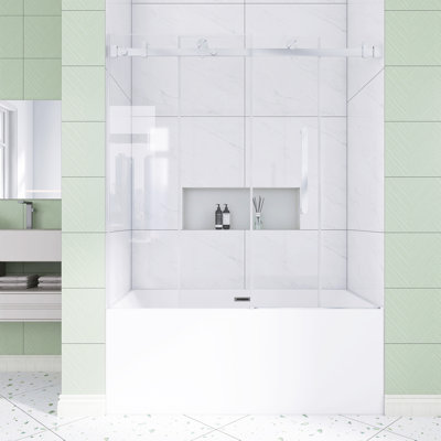 56-60 In. W × 60 In. H Frameless Single Sliding Shower Door With 1/4" Clear Tempered Glass In Brushed Nickel |  Explosion Proof Film |  Stainless Steel Handle | Square Tube Track