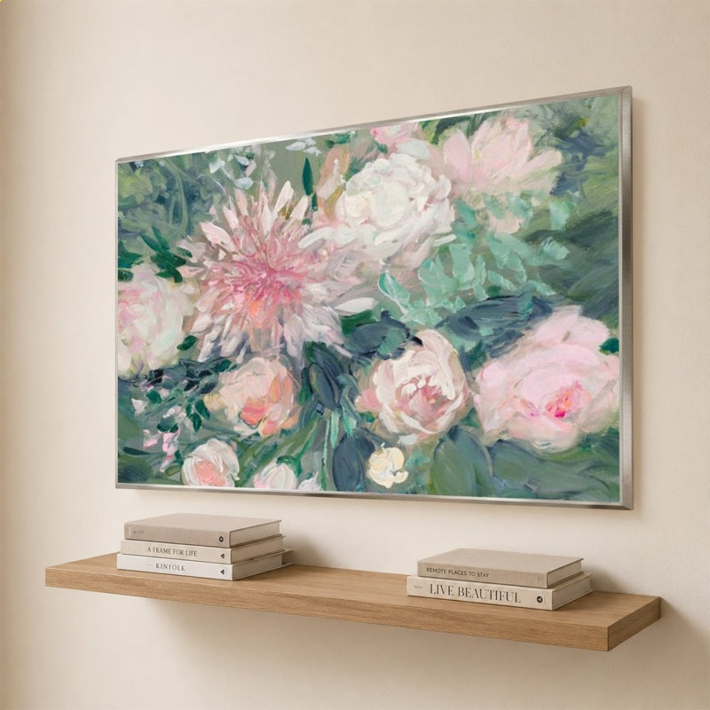 «Romantic Rendezvous Florals I» par Julia Purinton - impression sur toile, 24" x 24", Beveled Floating Frame, Silver