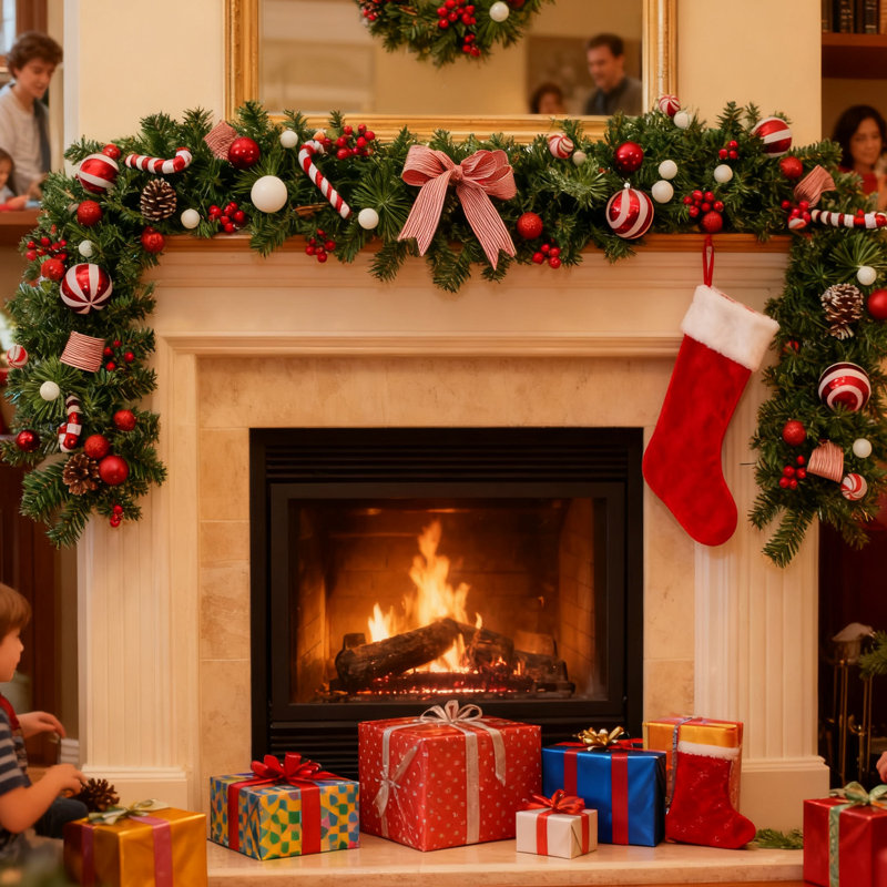 Guirlande de Noël de 6 pi avec boules décoratives, baies, pommes de pin et cannes de bonbon, décor rouge blanc pour manteau de cheminée, escalier, arbre de Noël, décoration de fête