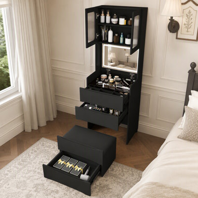Coiffeuse 3 en 1 avec miroir DEL, rangement, éclairage réglable et 5 compartiments de rangement pour chambre à coucher