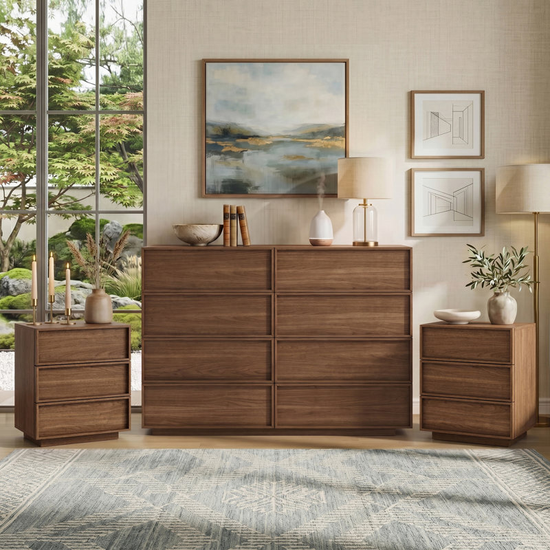 Ensemble de chambre à coucher 3 pièces (ensemble de commode 8 tiroirs et table de chevet 3 tiroirs de 2)