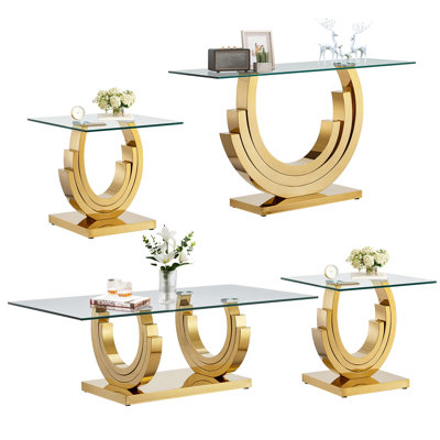 4 Piece Glass Coffee Table Set Modern Living Room Table Set with 1 Coffee Table  2 End Tables  1 Console Table Coffee Table Set with 3CShape Base