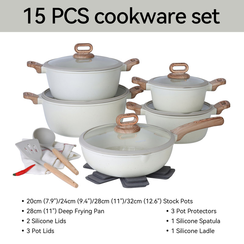 Ensemble de casseroles et de poêles, batteries de cuisine antiadhésives, ensemble de cuisine antiadhésif de 15 pièces, batterie de cuisine 3Q / 5Q / 8Q / 12Quart, poêle à sauter profonde